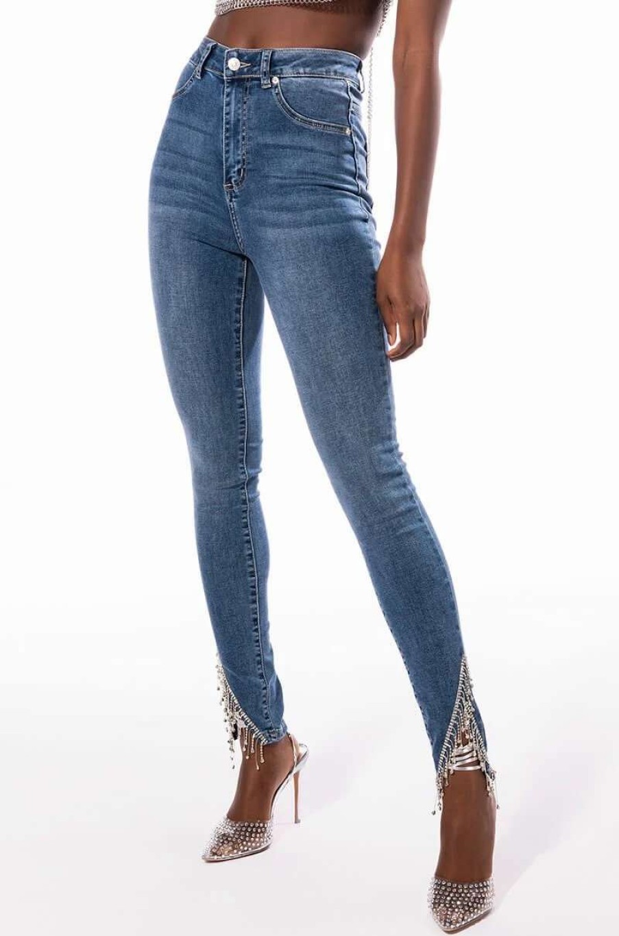 Denim * | Flex Fit Extreme Stretch High Rise Skinny Jeans With Rhinestone Ankle Detailing