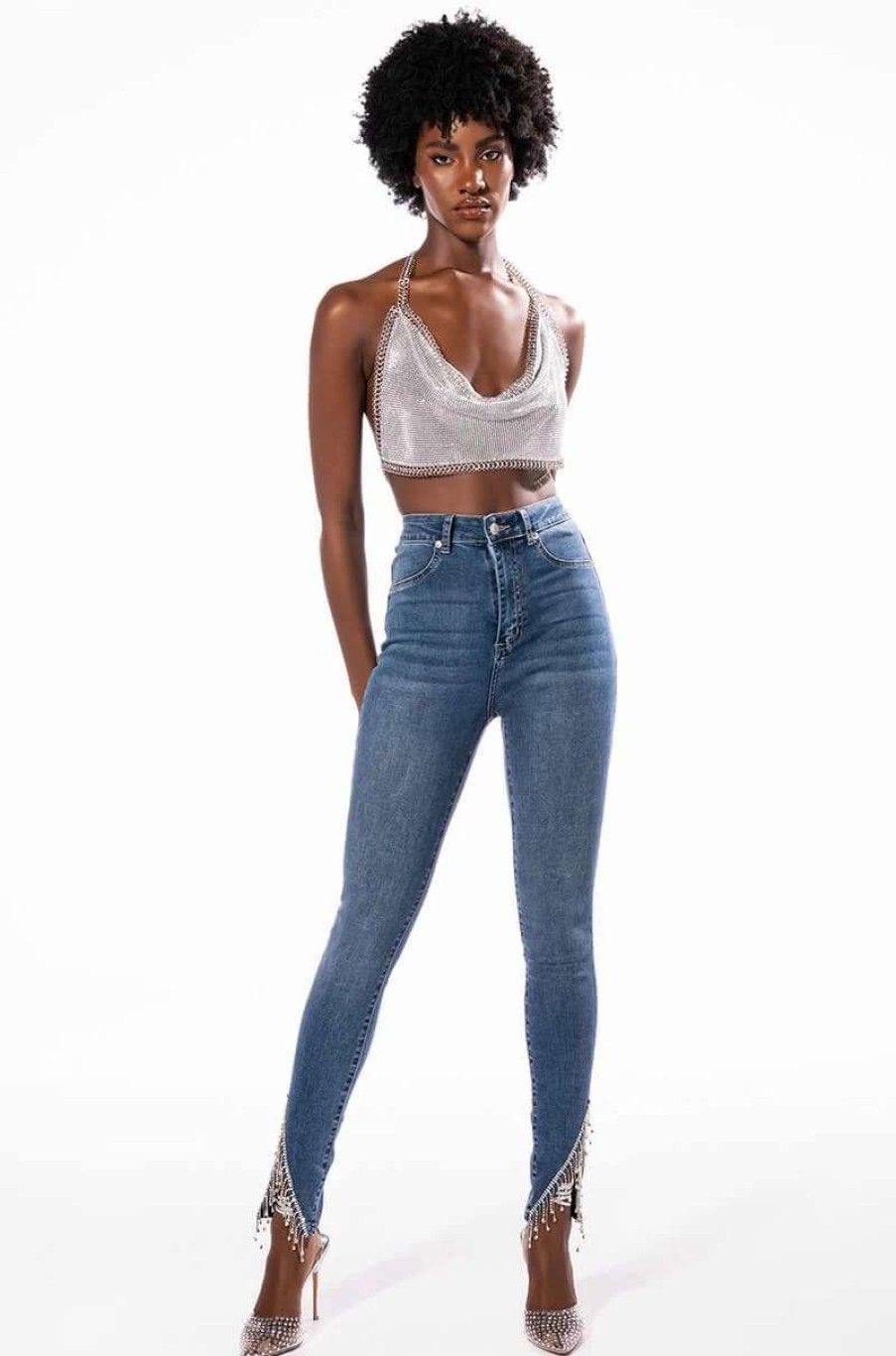 Denim * | Flex Fit Extreme Stretch High Rise Skinny Jeans With Rhinestone Ankle Detailing