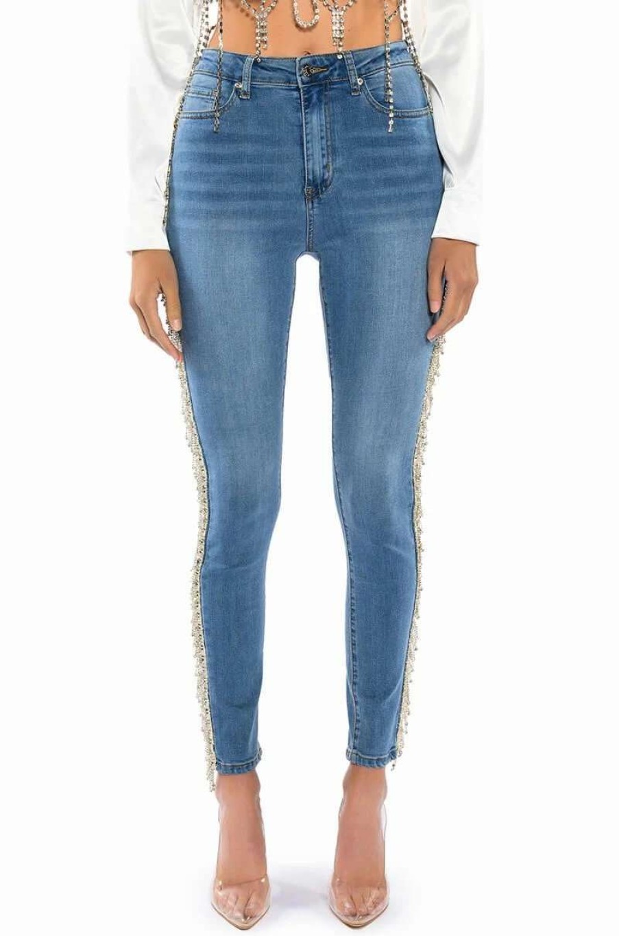 Denim * | Felling Like A Star High Rise Rhinestone Skinny Jeans Medium Blue Denim