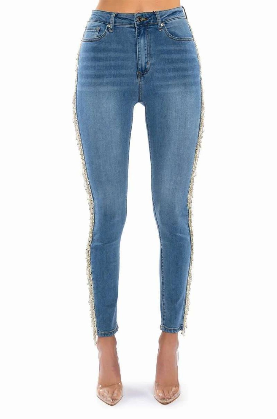 Denim * | Felling Like A Star High Rise Rhinestone Skinny Jeans Medium Blue Denim