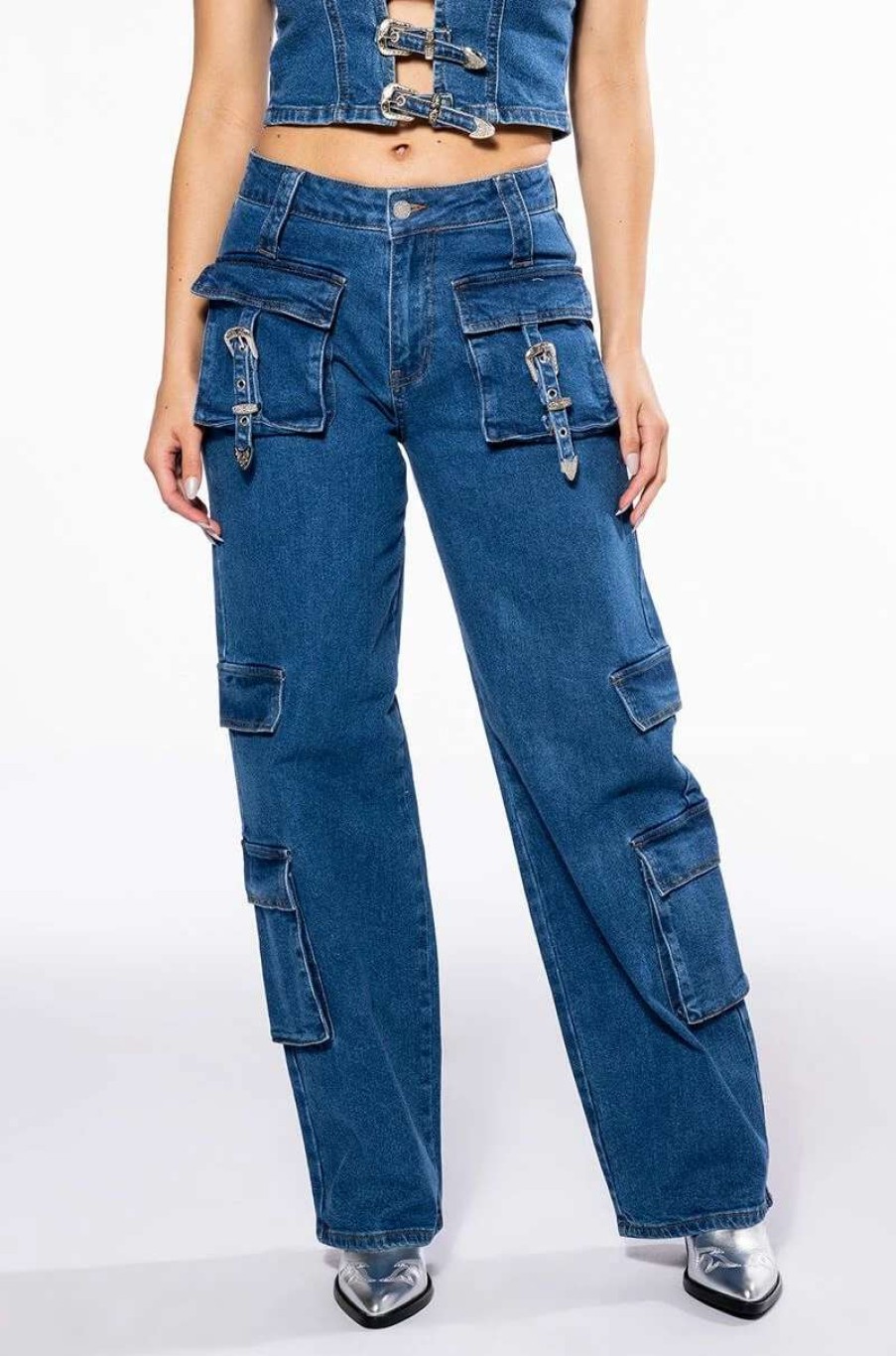 Denim * | Calypso Mid Rise Wide Leg Jeans Dark Blue