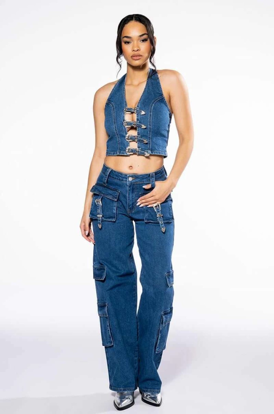 Denim * | Calypso Mid Rise Wide Leg Jeans Dark Blue