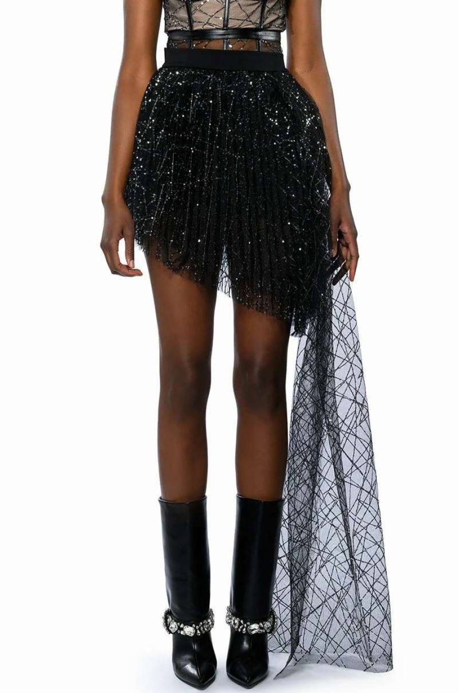 Two Piece Sets * | Feya High Low Tulle Layered Mini Skirt Black