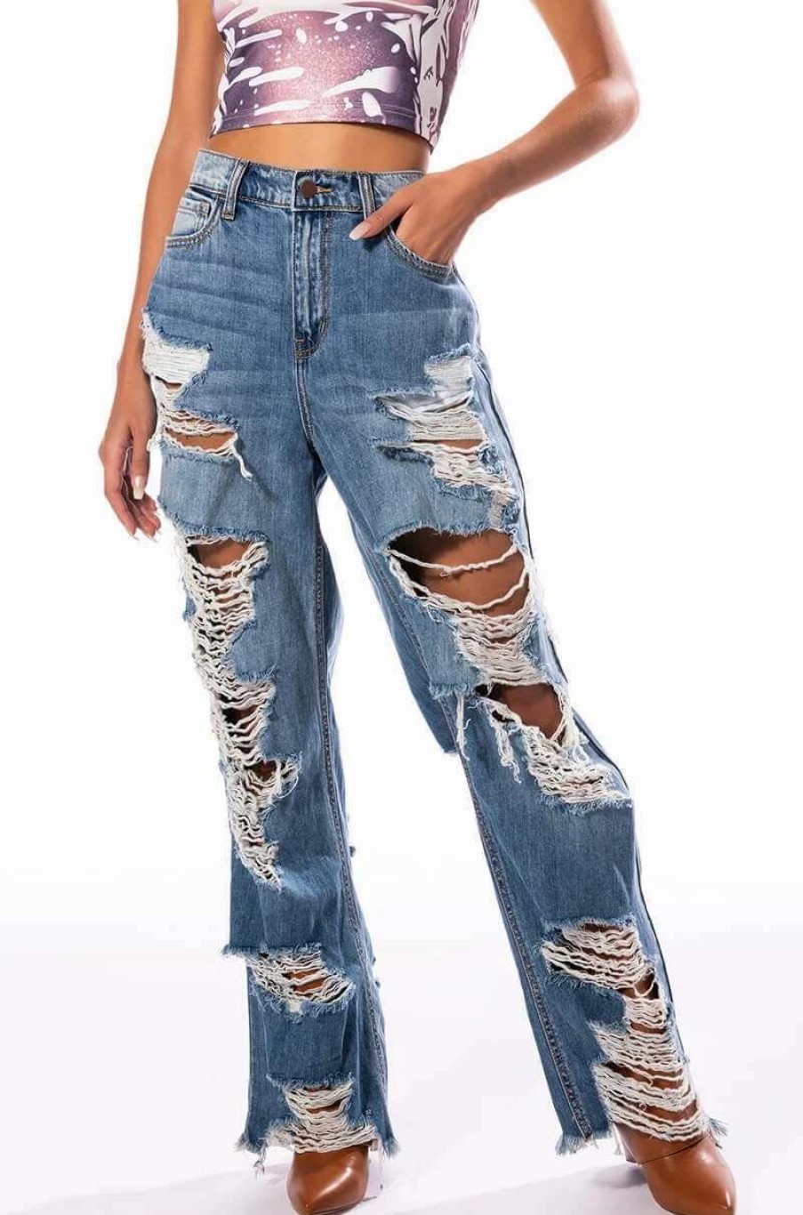 Denim * | Ella Bella High Rise Wide Leg Distressed Jeans Light Blue Denim