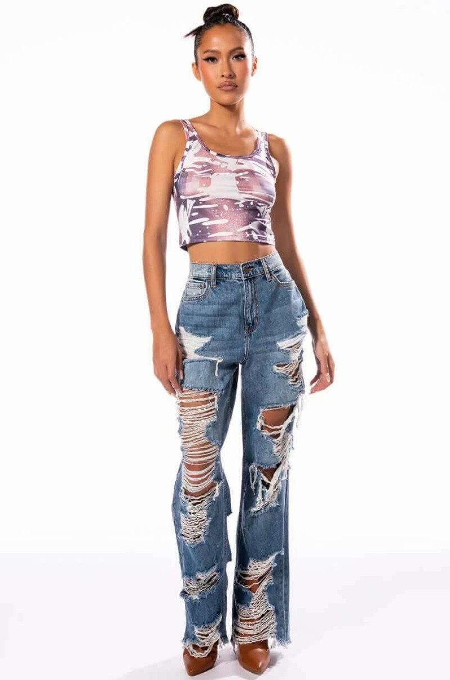 Denim * | Ella Bella High Rise Wide Leg Distressed Jeans Light Blue Denim