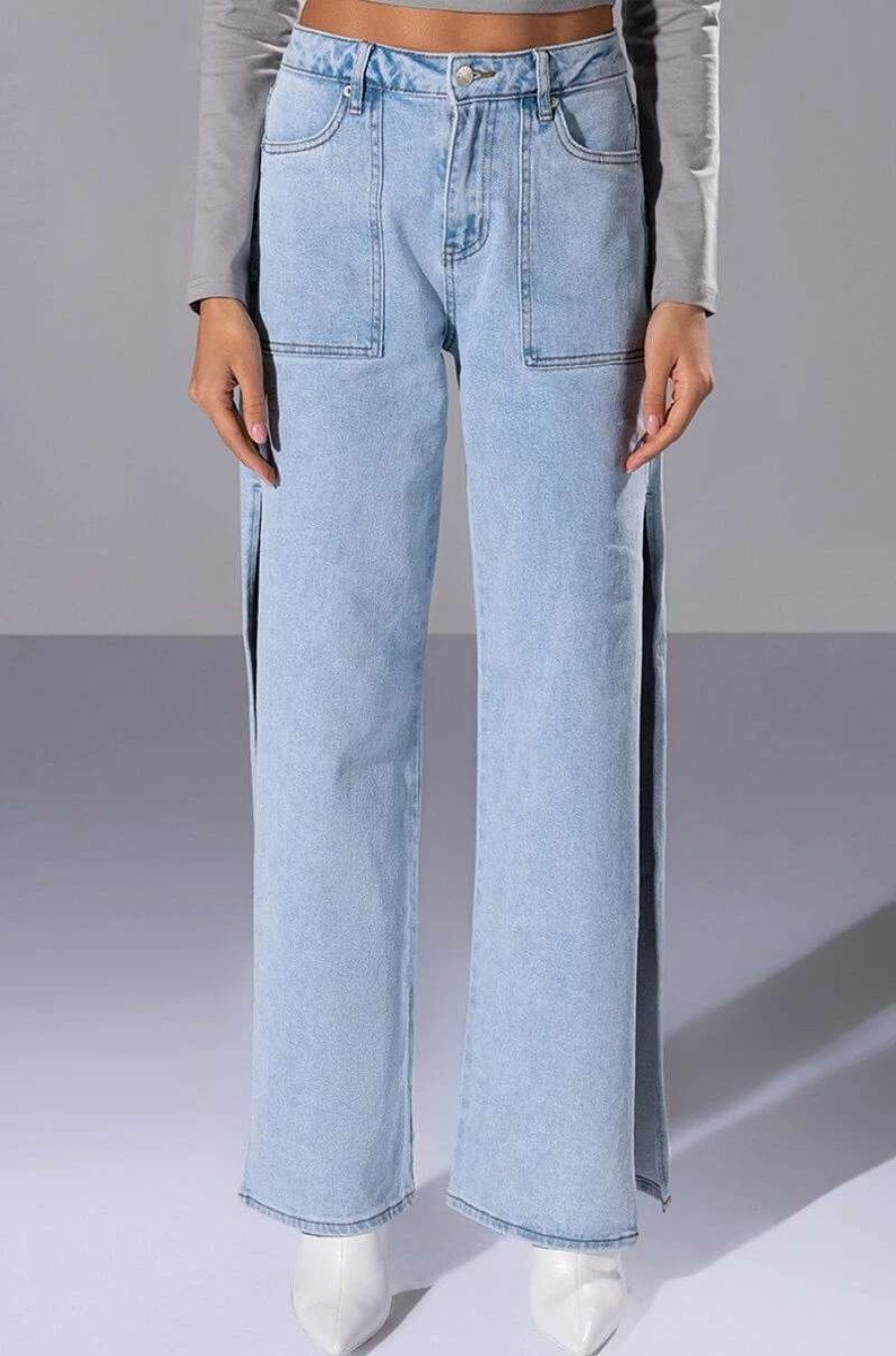 Denim * | Lasting Lover High Rise Side Slit Jeans Light Blue