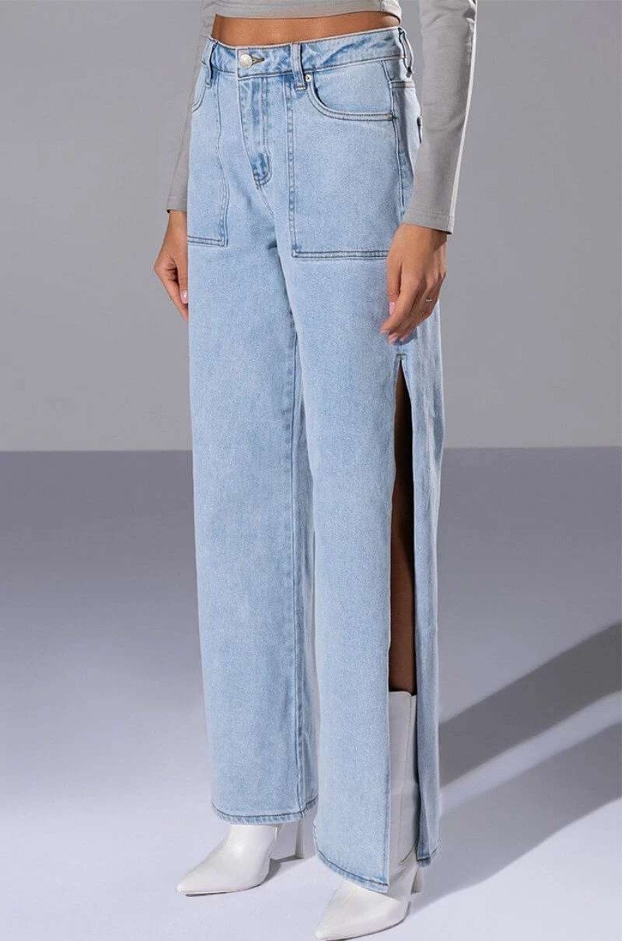 Denim * | Lasting Lover High Rise Side Slit Jeans Light Blue