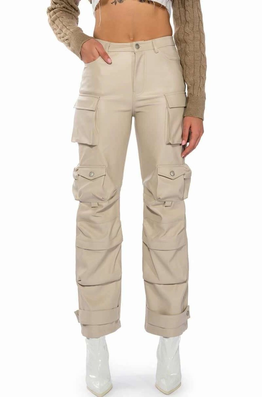 Pants * | Bonne Soiree Cargo Faux Leather Pants Ivory