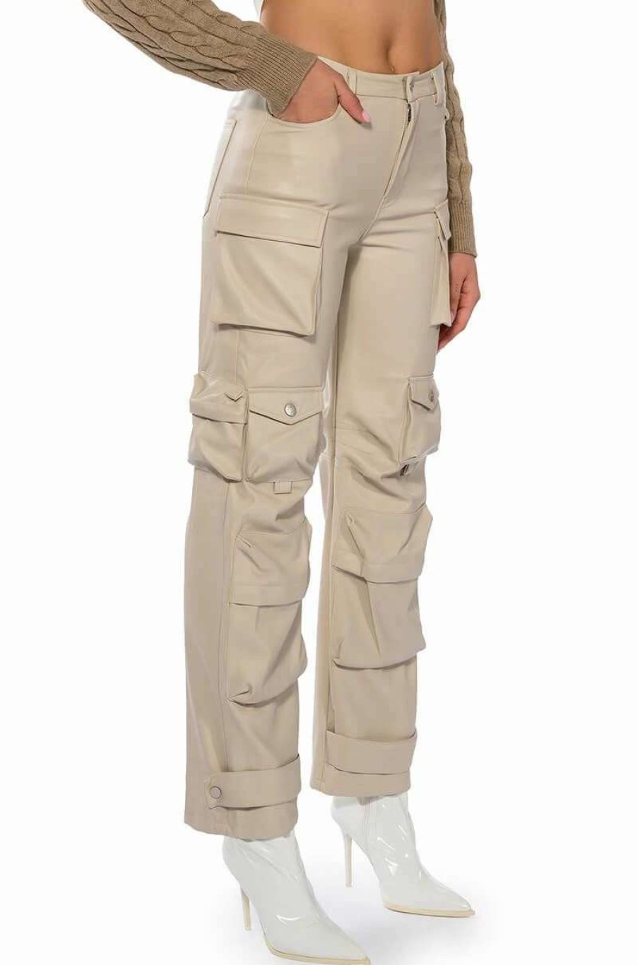 Pants * | Bonne Soiree Cargo Faux Leather Pants Ivory