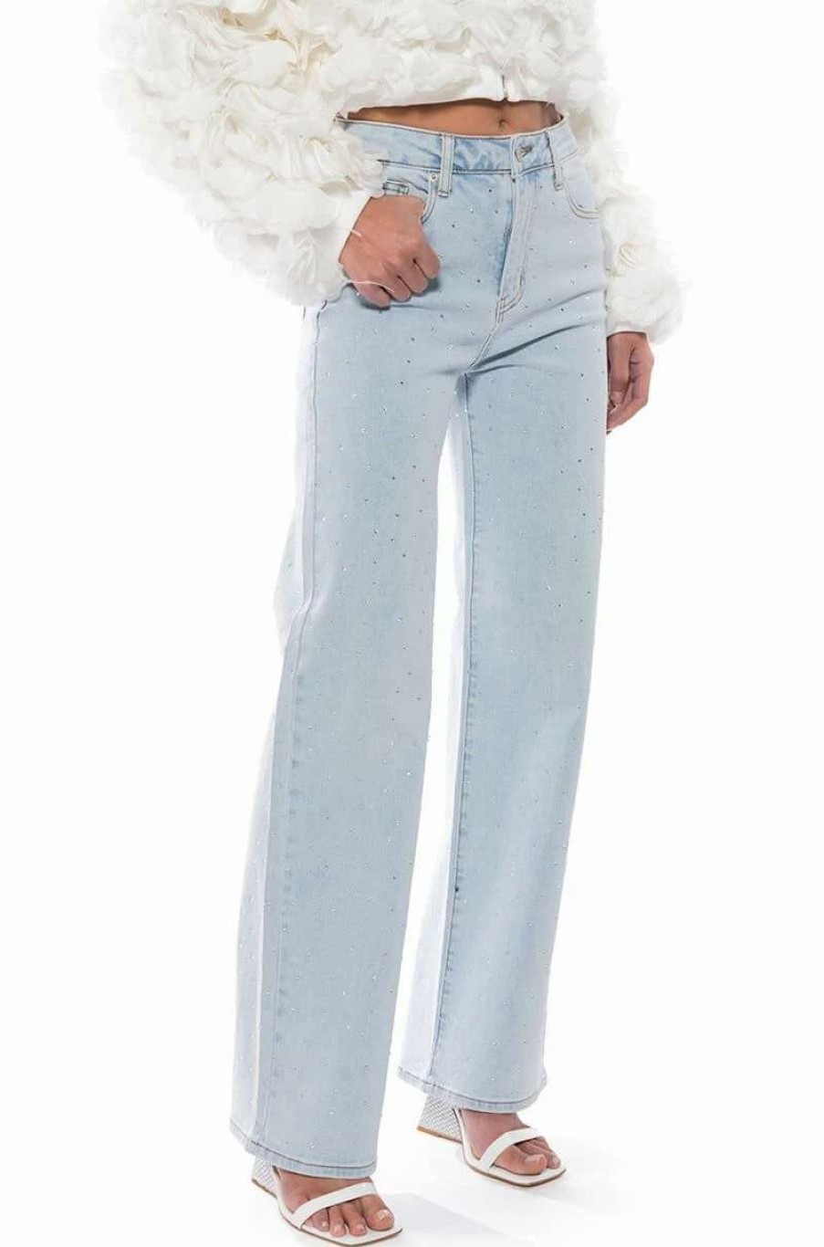 Denim * | Jillian Embellished Wide Leg Jeans Light Blue Denim