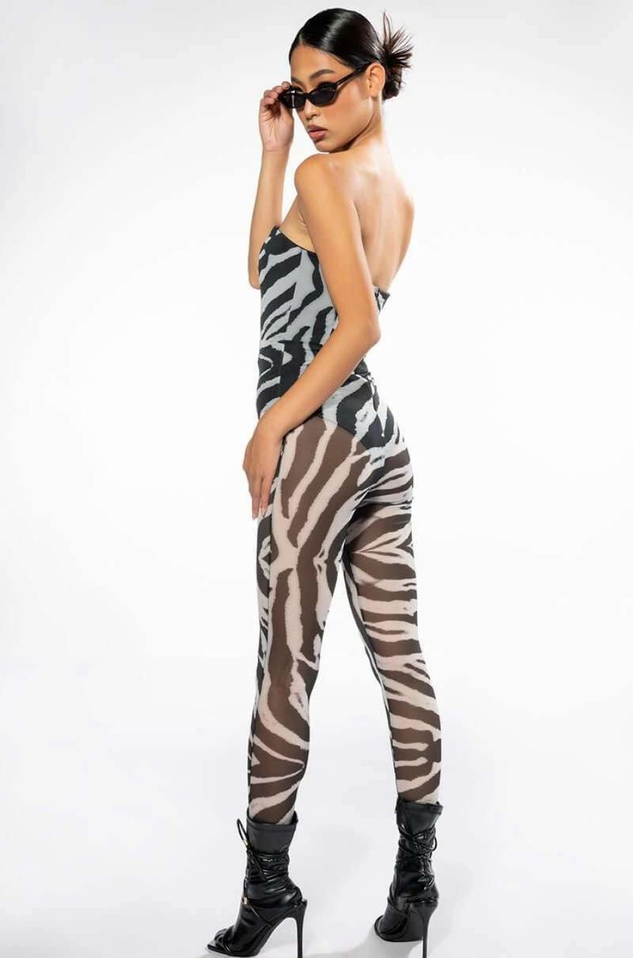 Rompers & Jumpsuits * | I Love It Zebra Fitted Mesh Jumpsuit Black White