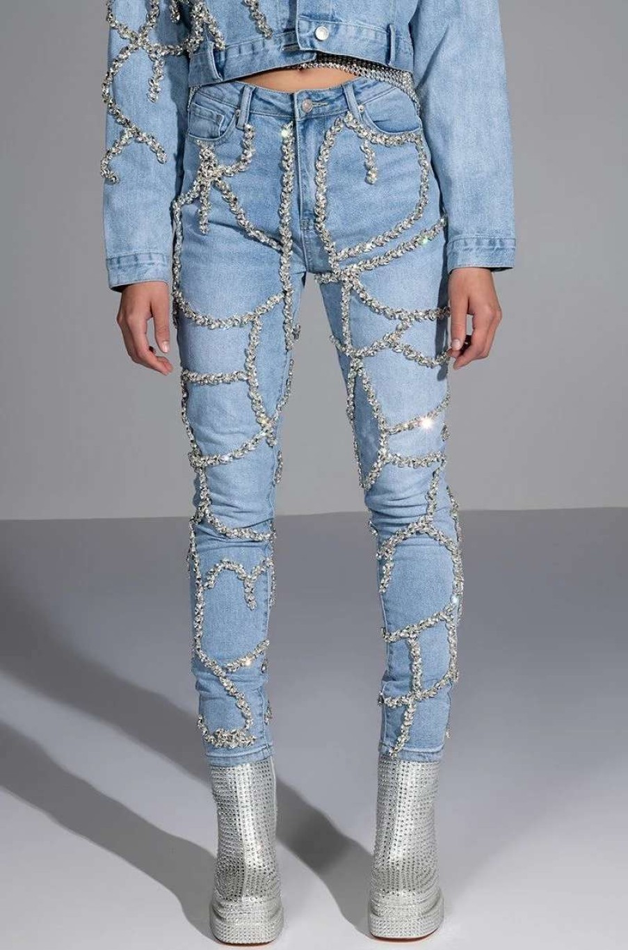 Denim * | Make A Wish Rhinestone High Waisted Skinny Jean Light Blue Denim