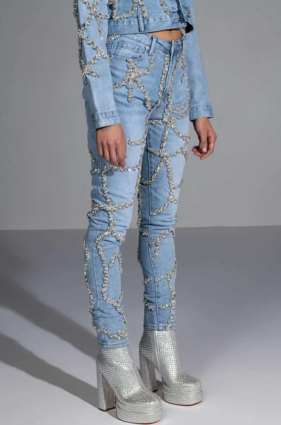 Denim * | Make A Wish Rhinestone High Waisted Skinny Jean Light Blue Denim