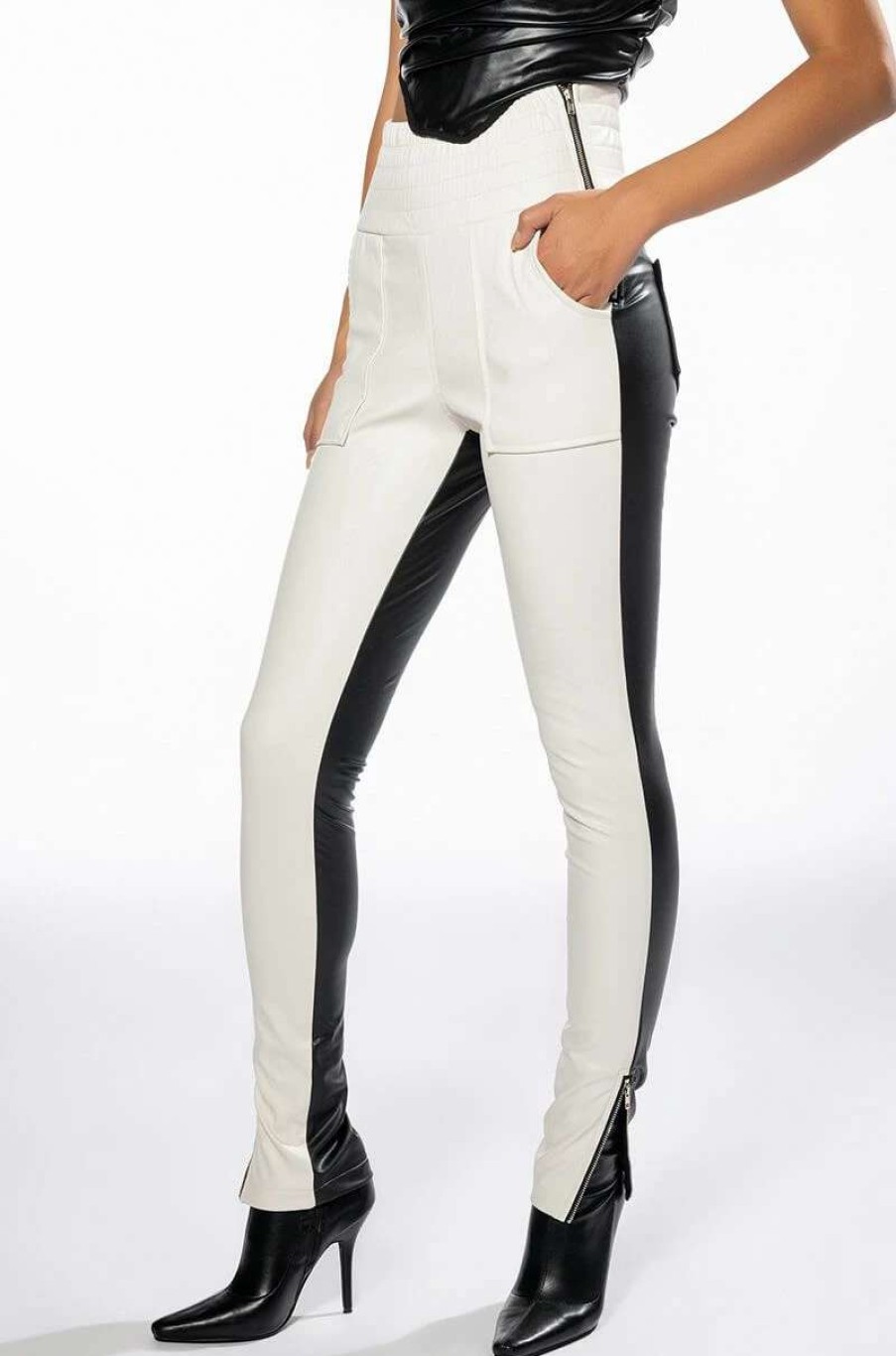 Pants * | Only You Two Toned Faux Leather Pant Black White