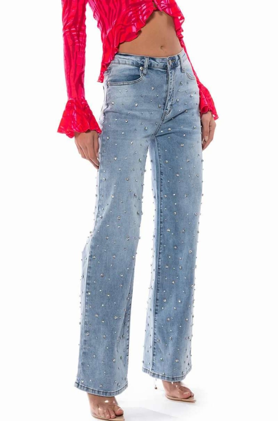 Denim * | Everytime Rhinestone Embellished Straight Leg Jeans Medium Blue Denim