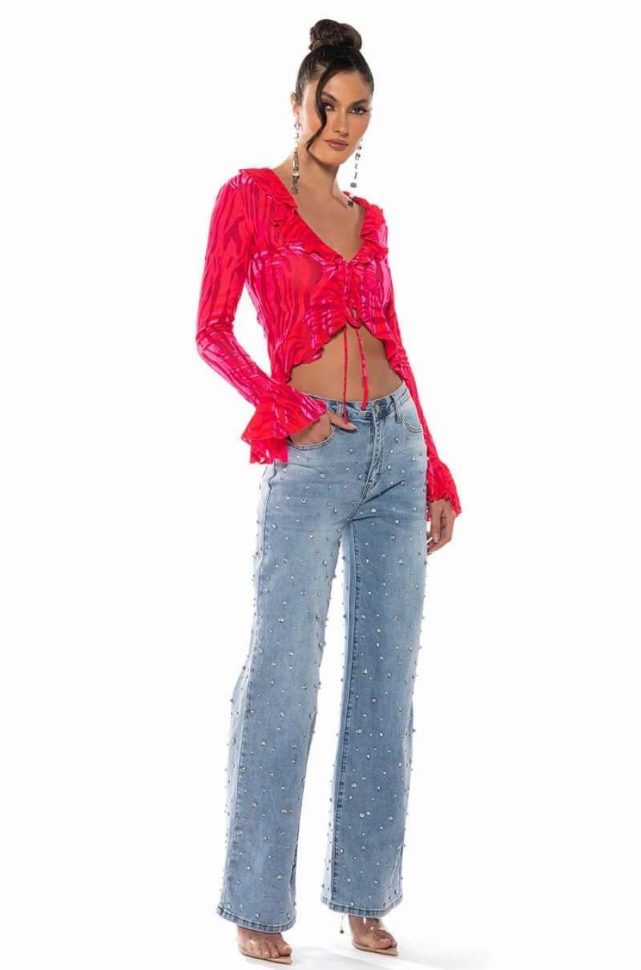 Denim * | Everytime Rhinestone Embellished Straight Leg Jeans Medium Blue Denim