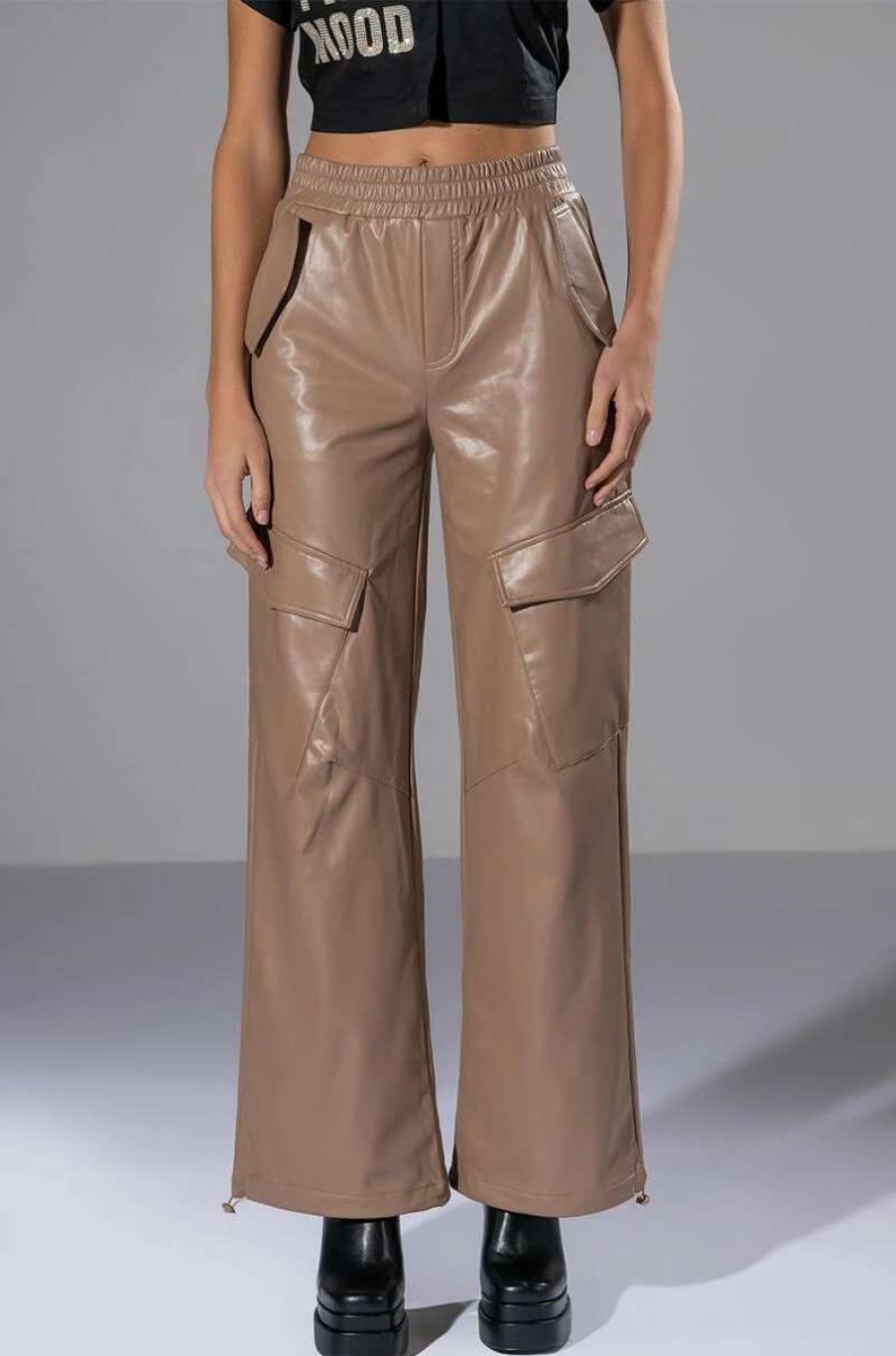 Pants * | Always Winning Faux Leather Cargo Pants In Beige