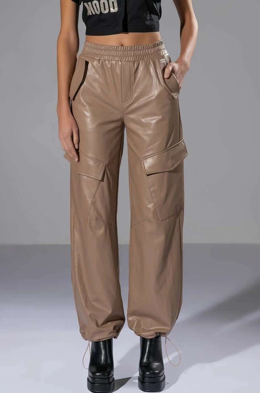 Pants * | Always Winning Faux Leather Cargo Pants In Beige