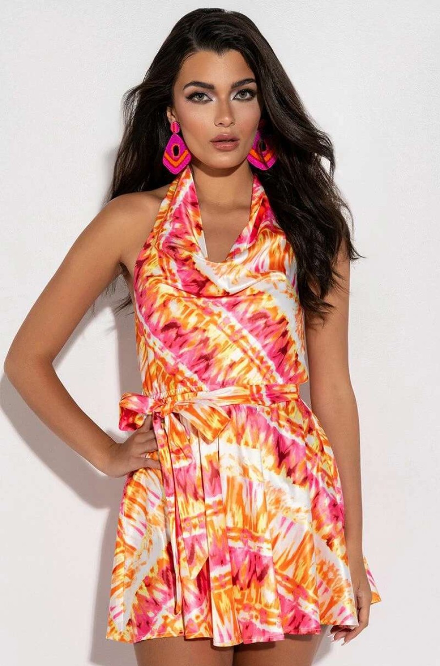 Rompers & Jumpsuits * | Summer Time Fine Cowl Neck Halter Top Romper Pink Multi