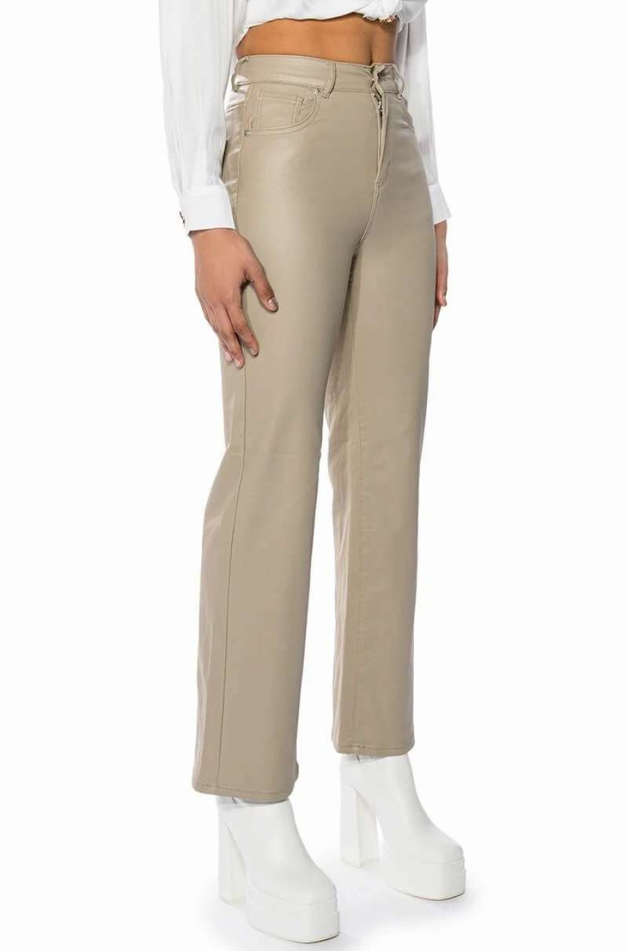 Pants * | Off Duty Faux Leather Coated Straight Leg Pant Light Brown