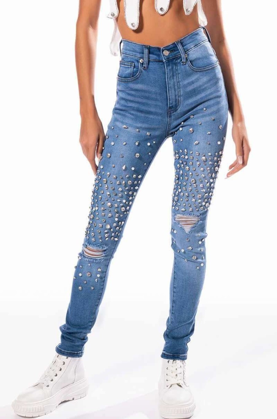 Denim * | Outta This World Distressed Rhinestone High Rise Skinny Jeans Medium Blue Denim