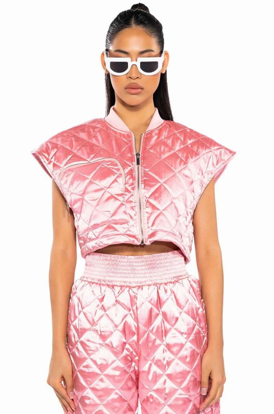 Two Piece Sets * | Cozy Mode Quilted Satin Vest In Pink