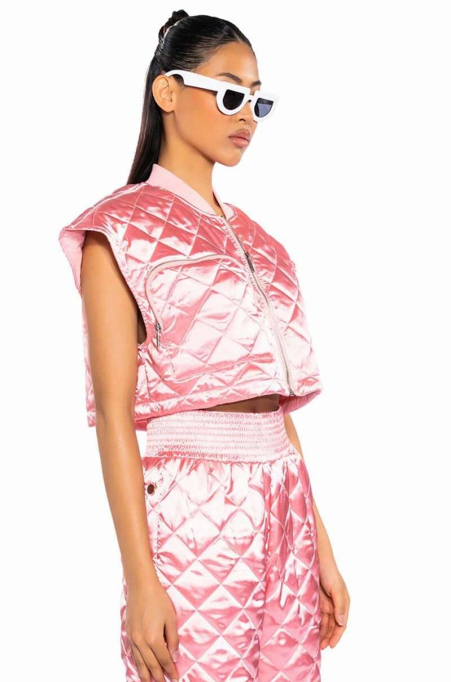 Two Piece Sets * | Cozy Mode Quilted Satin Vest In Pink