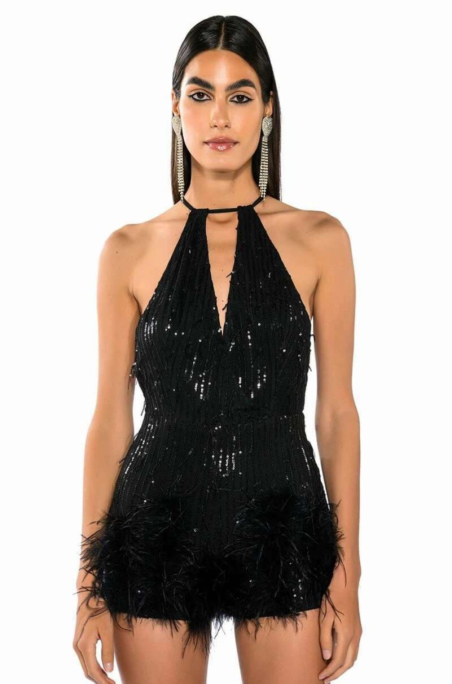 Rompers & Jumpsuits * | Cat'S Meow Sequin Fringe Feather Trim Romper Black