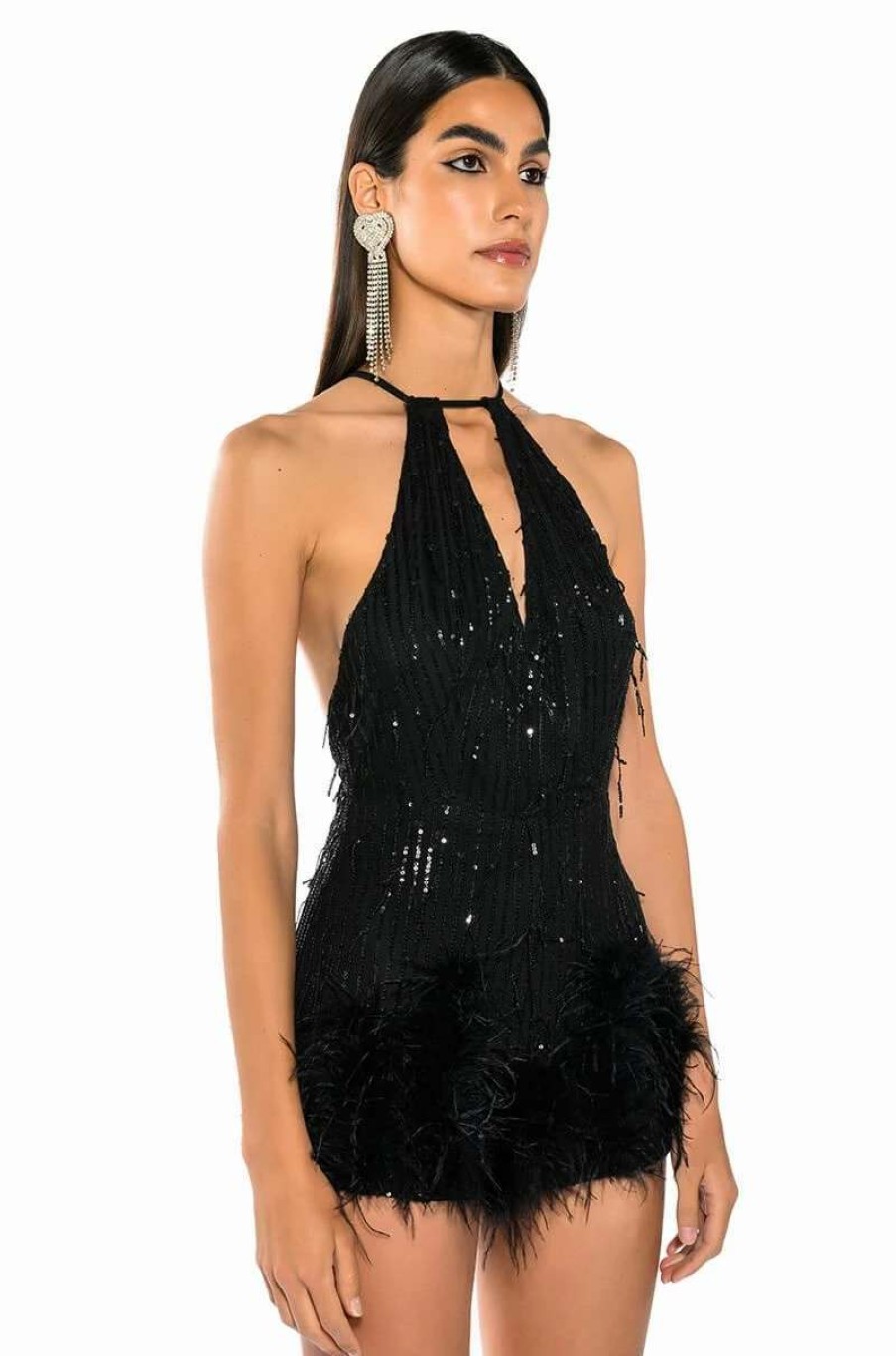 Rompers & Jumpsuits * | Cat'S Meow Sequin Fringe Feather Trim Romper Black