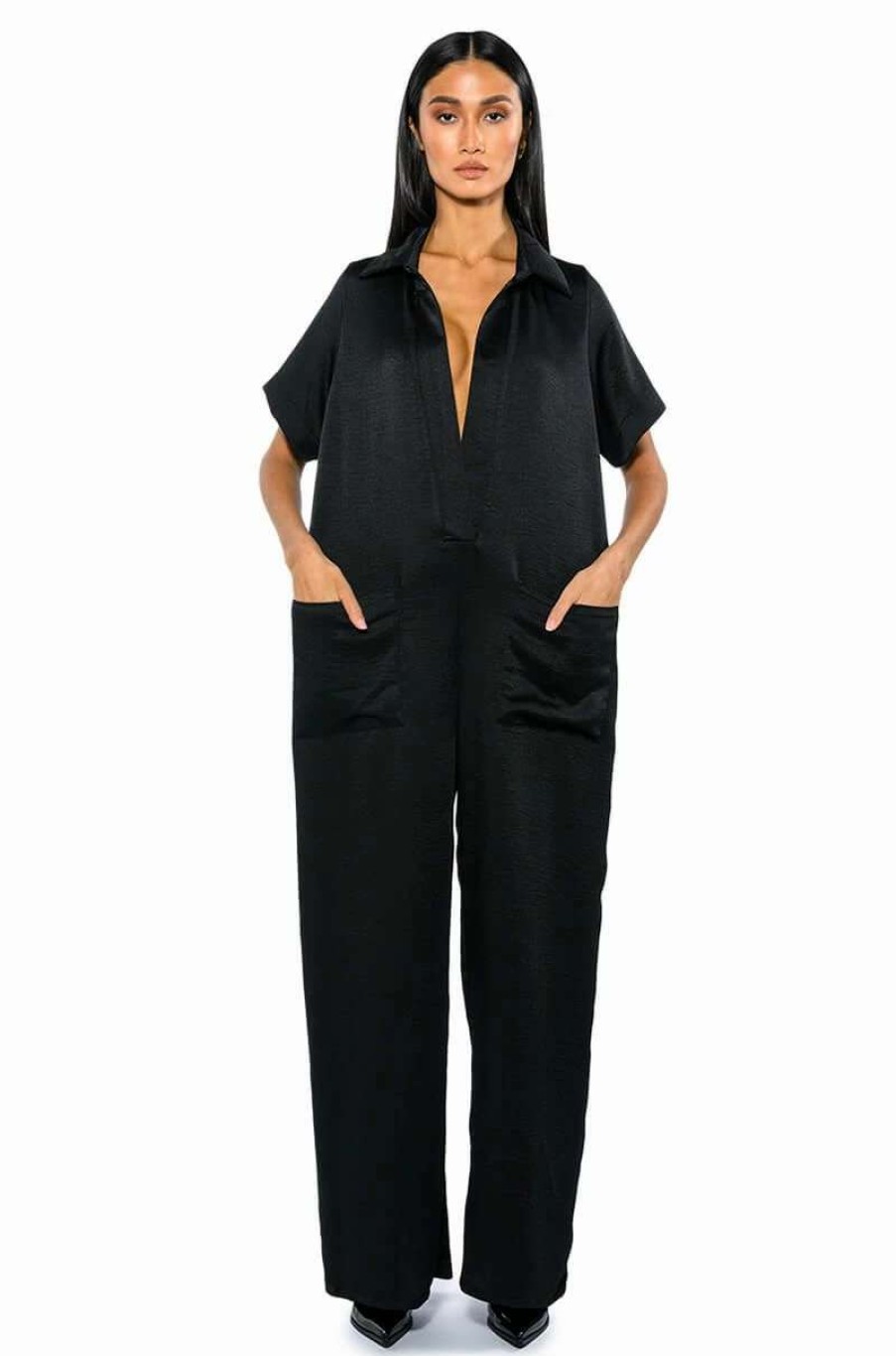 Rompers & Jumpsuits * | Silent Dreamer Short Sleeve Satin Jumpsuit Black