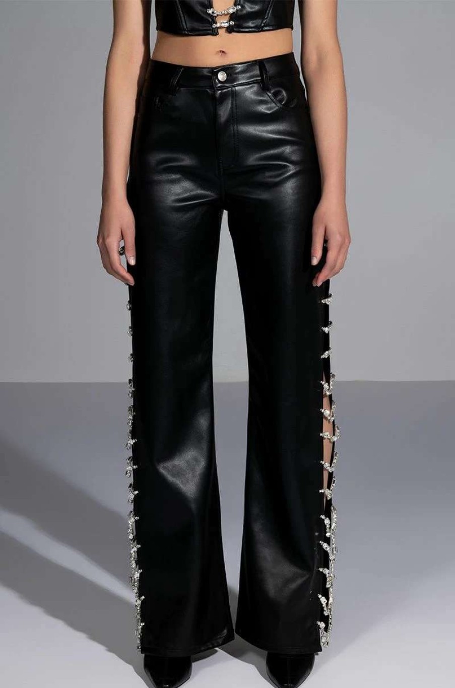 Pants * | Covered In Ice Faux Leather Rhinestone Pant Black