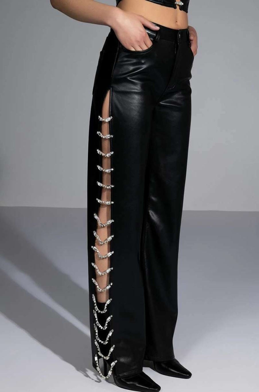 Pants * | Covered In Ice Faux Leather Rhinestone Pant Black