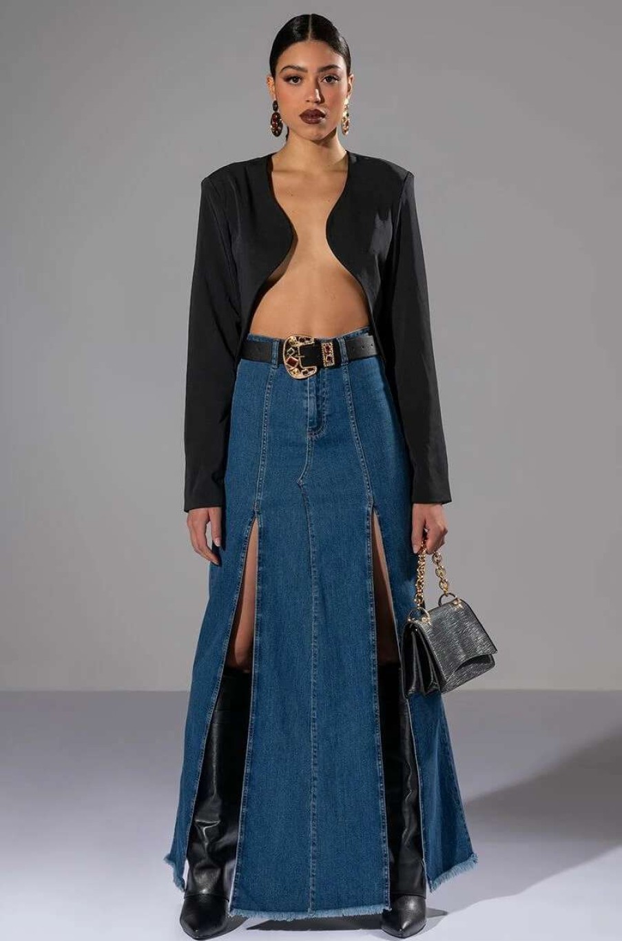 Denim * | So Slaying Double Slit Denim Maxi Skirt Medium Blue Denim