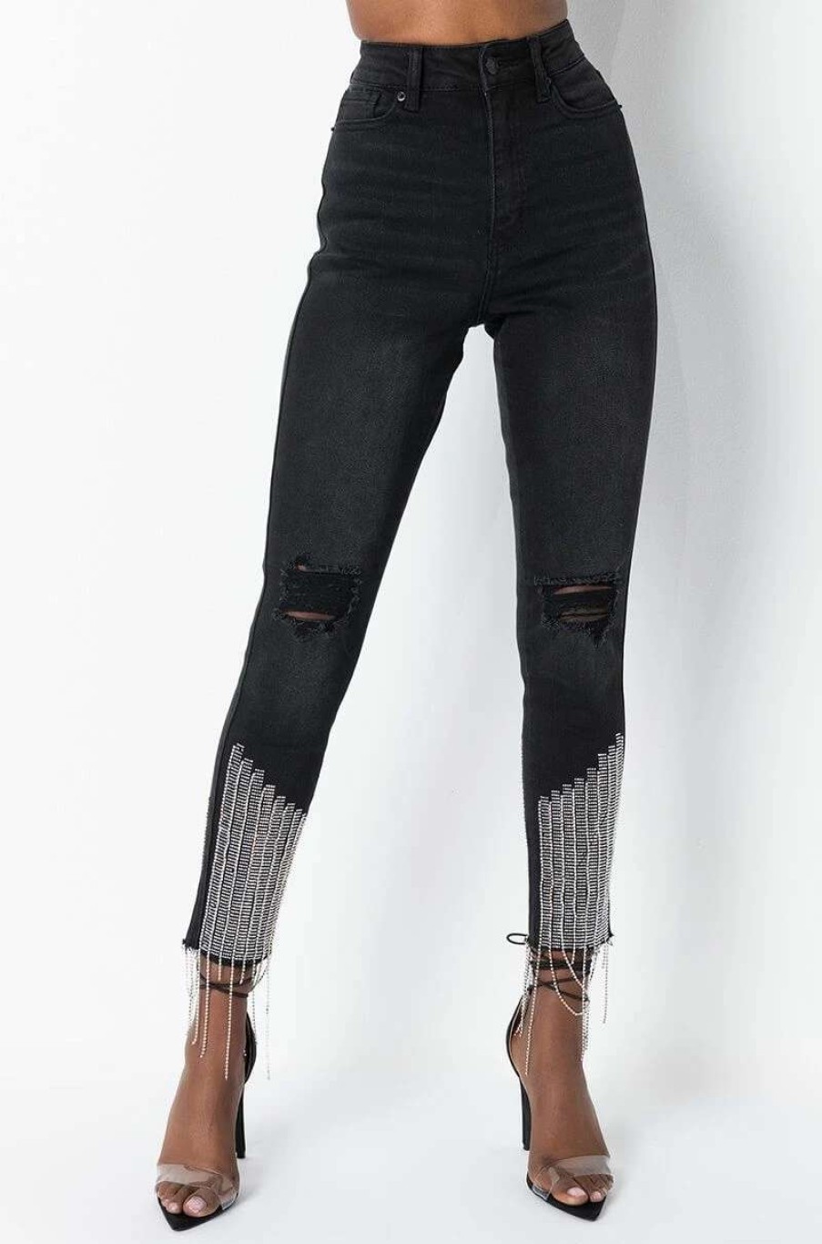 Denim * | Too Good High Waisted Rhinestone Fringe Skinny Jeans