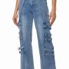 Denim * | Dont Take Him Back Wide Leg Suspender Cargo Jeans Medium Blue Denim