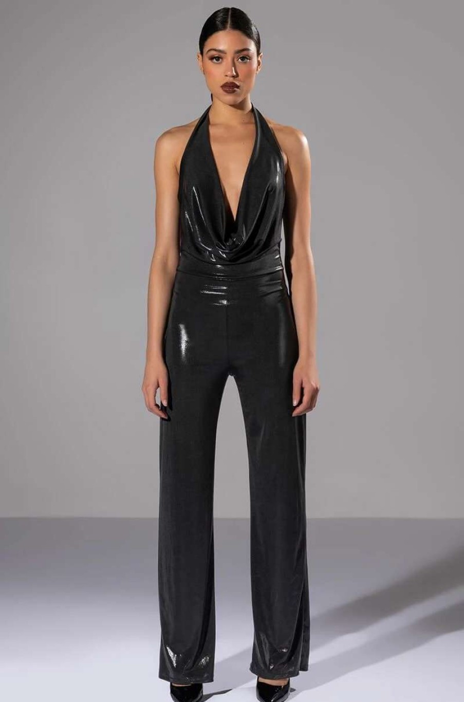 Rompers & Jumpsuits * | Do Better Metallic Cowl Neck Jumpsuit Black