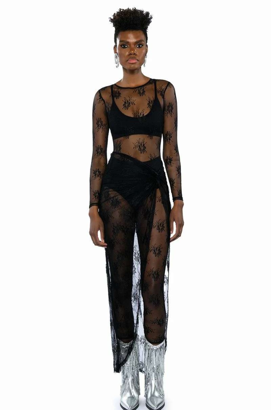 Two Piece Sets * | Day By Day Lace Jumpsuit And Twist Front Maxi Skirt Set Black