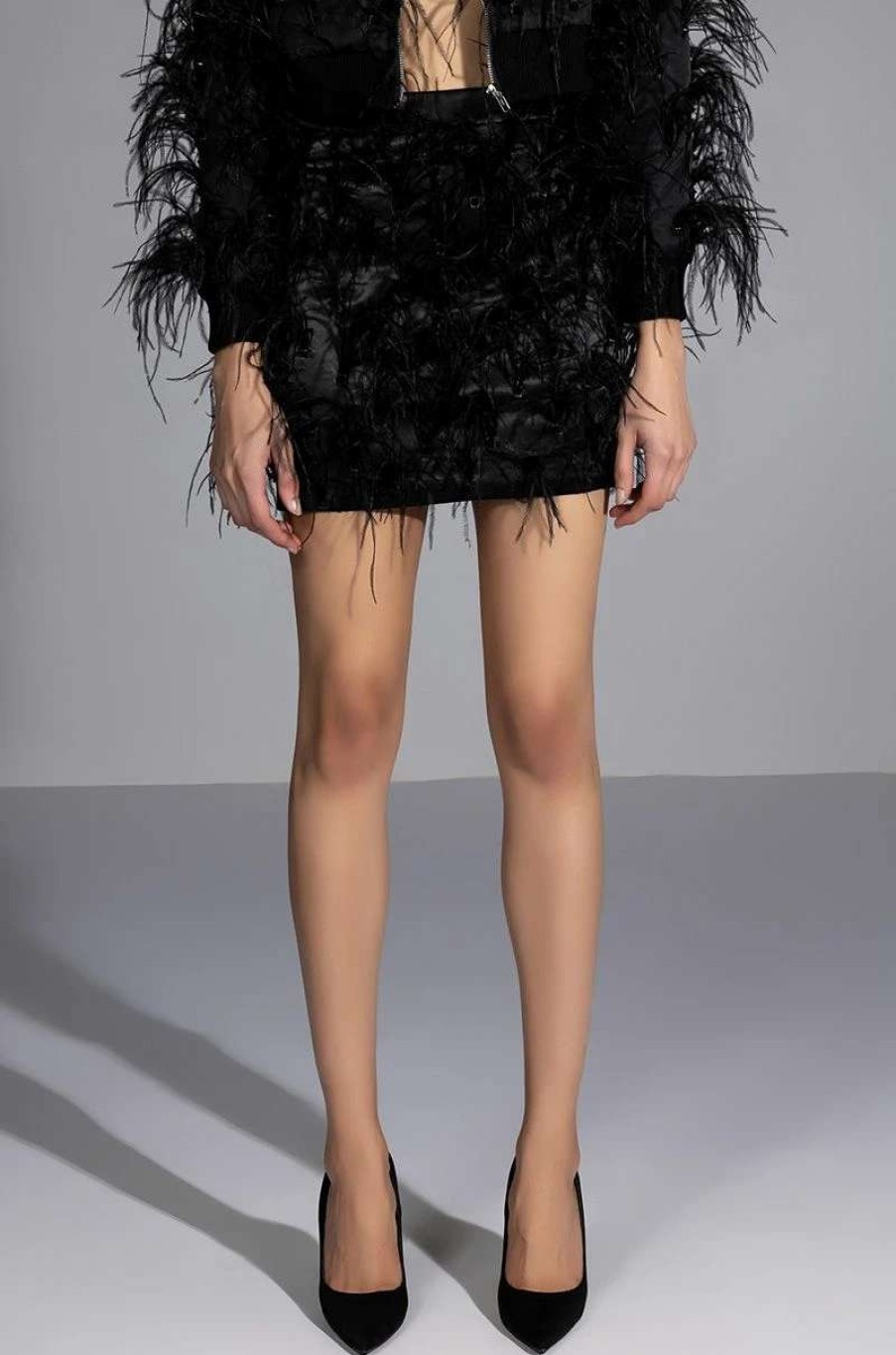 Two Piece Sets * | Living It Up Satin And Spikes Feather Mini Skirt Black