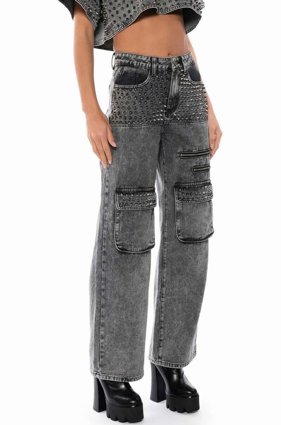 Denim * | Turn It Up Stud Embellished Utility Jeans Grey