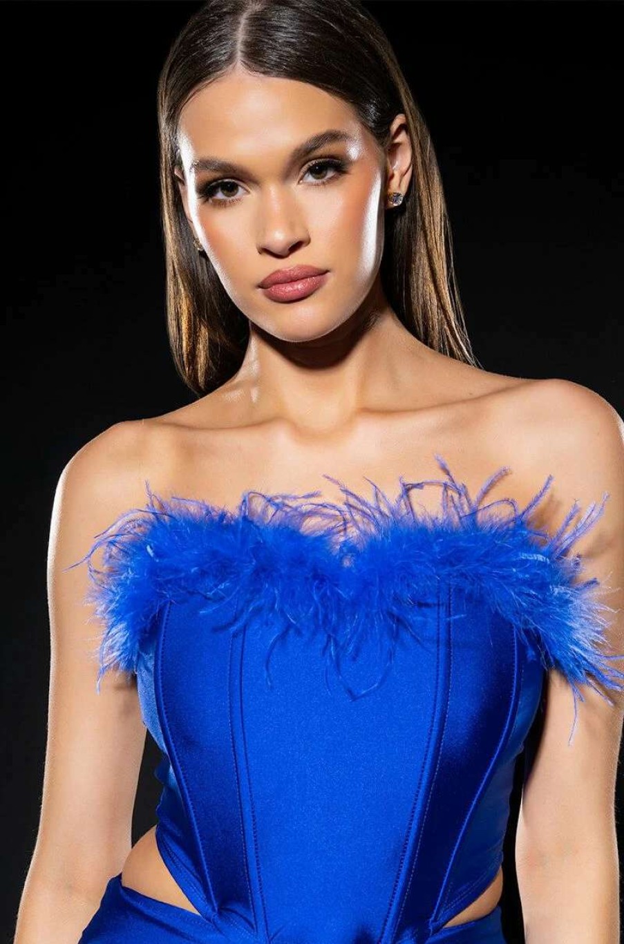 Two Piece Sets * | The Moment Feather Detail Corset In Blue Royal Blue