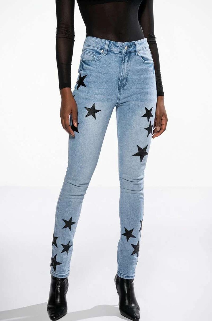 Denim * | Shining Star Patch Detail High Rise Skinny Jean Light Blue