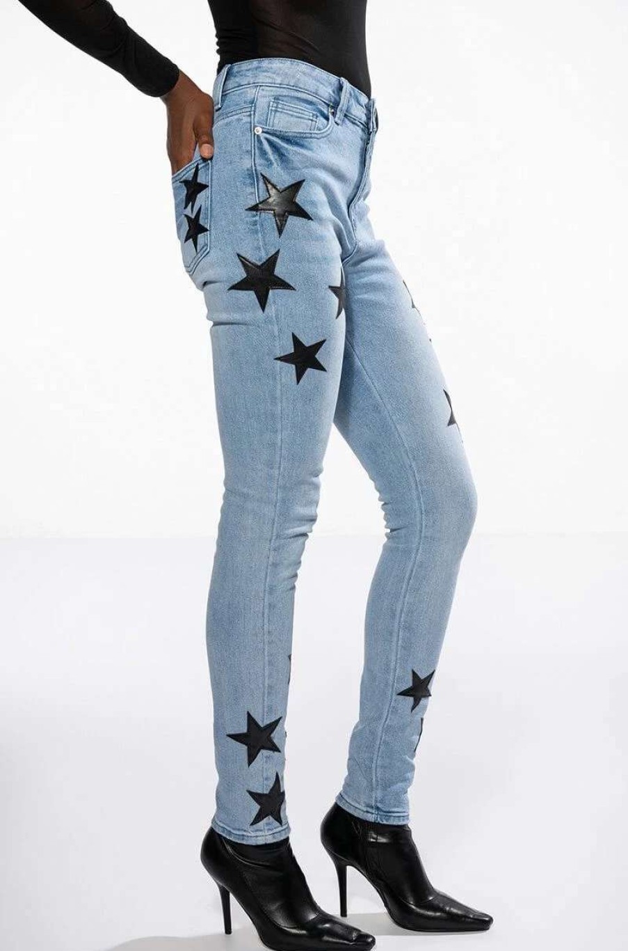 Denim * | Shining Star Patch Detail High Rise Skinny Jean Light Blue