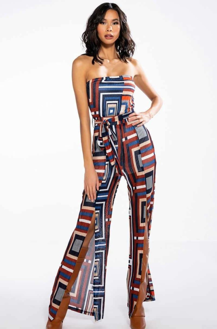 Rompers & Jumpsuits * | Soul Ties Strapless Wide Leg Jumpsuit Rust Multi