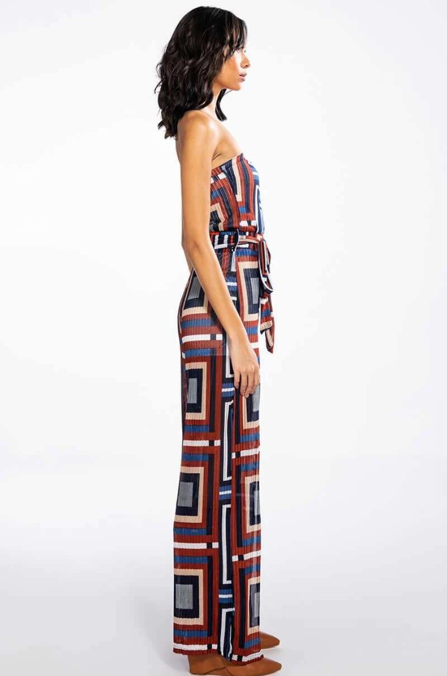 Rompers & Jumpsuits * | Soul Ties Strapless Wide Leg Jumpsuit Rust Multi