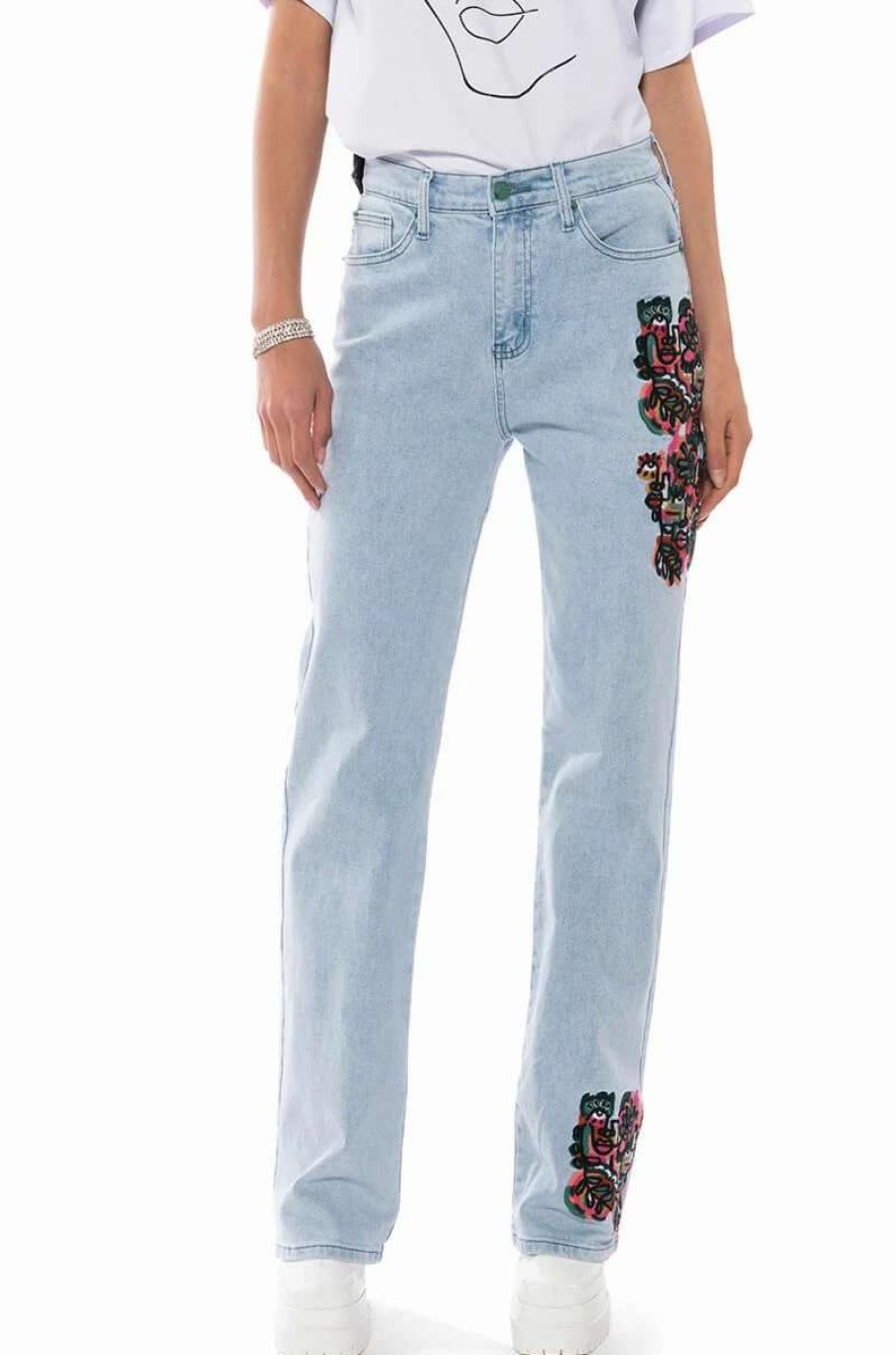 Denim * | Hidden Faces Embroidery Detailed Straight Leg Jeans Light Blue Denim