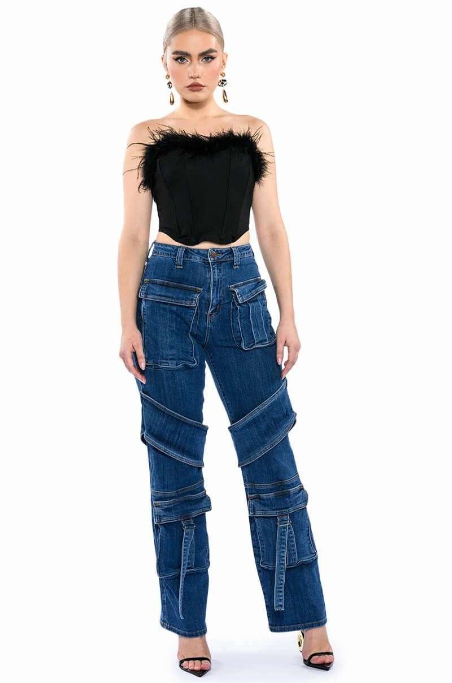 Pants * | Too Cool Cargo High Waisted Jeans Medium Blue Denim