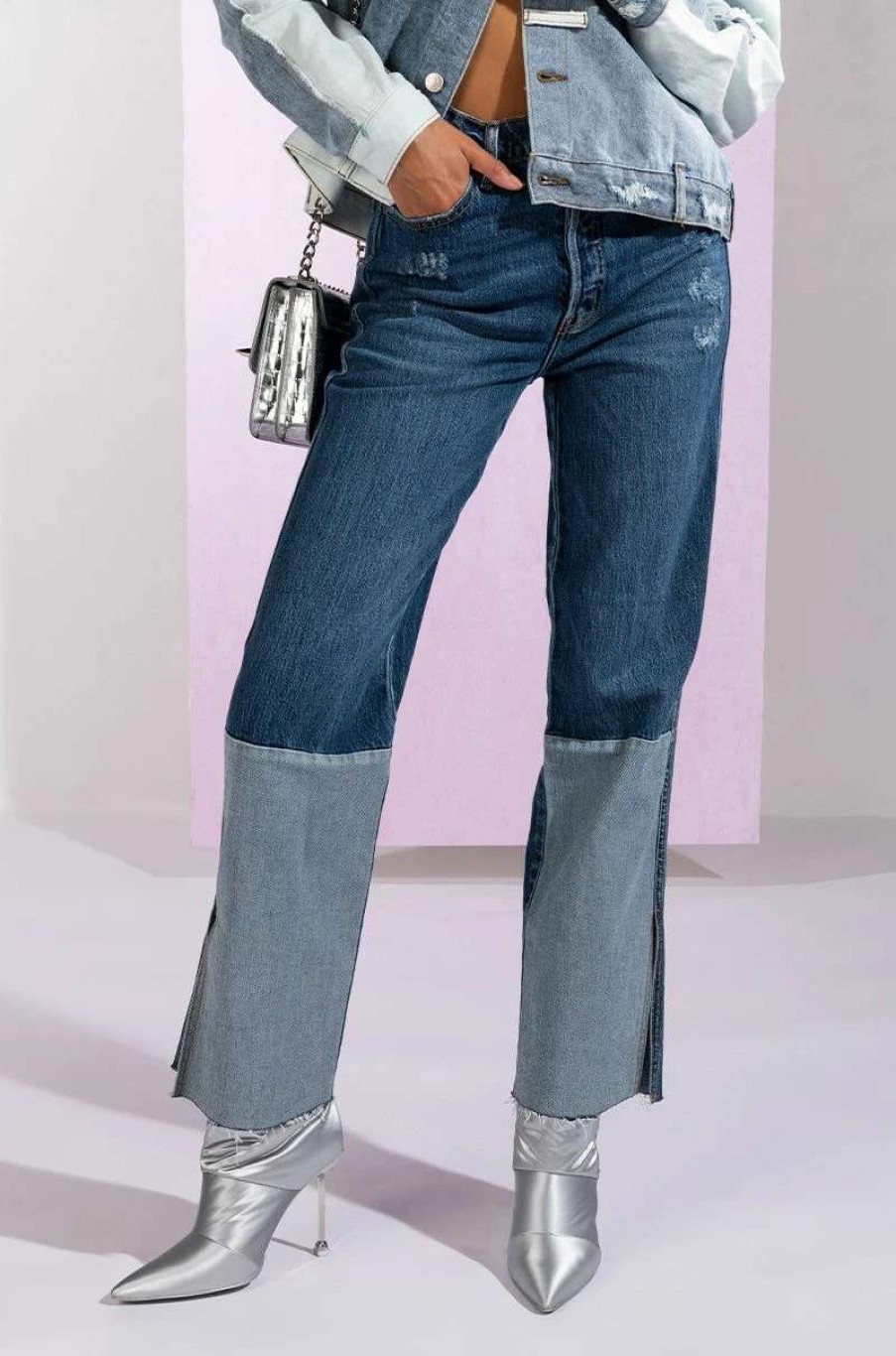 Denim * | On The Road Again High Rise Straight Leg Patchwork Jeans Medium Blue Denim