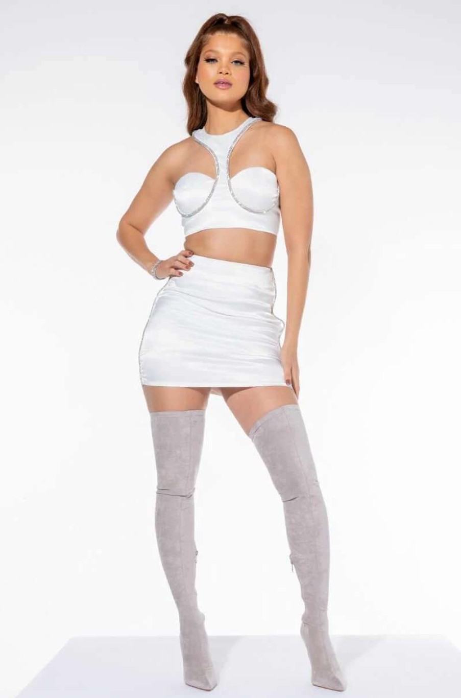 Two Piece Sets * | Baddie Season Satin Rhinestone Mini Skirt White