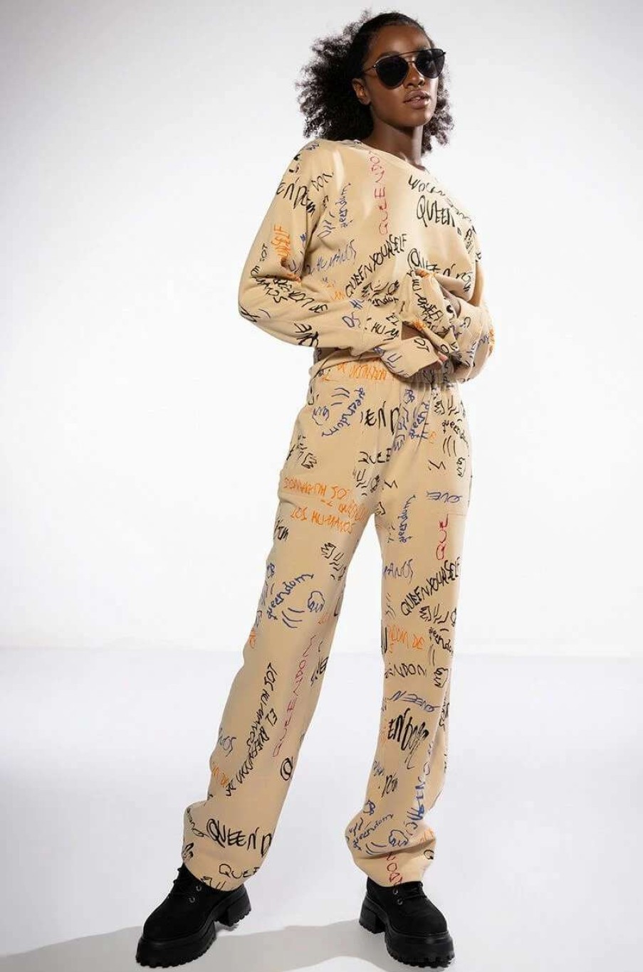 Two Piece Sets * | Royalty Drawing Wide Leg Sweatpant Beige