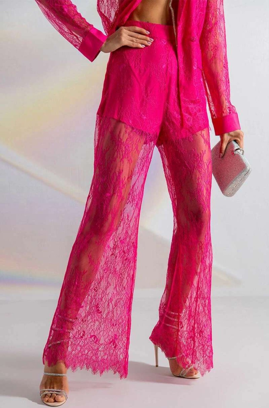 Pants * | Chic Life All Over Lace High Waist Wide Leg Trouser Pink